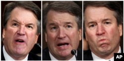 In this photo combination, Supreme Court nominee Brett Kavanaugh testifies before the Senate Judiciary Committee on Capitol Hill in Washington, Sept. 27, 2018.