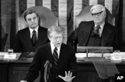 FILE - President Jimmy Carter delivers his State of the Union message to a joint session of Congress in Washington, Jan. 19, 1978. Carter sent his final message, in 1981, in print.