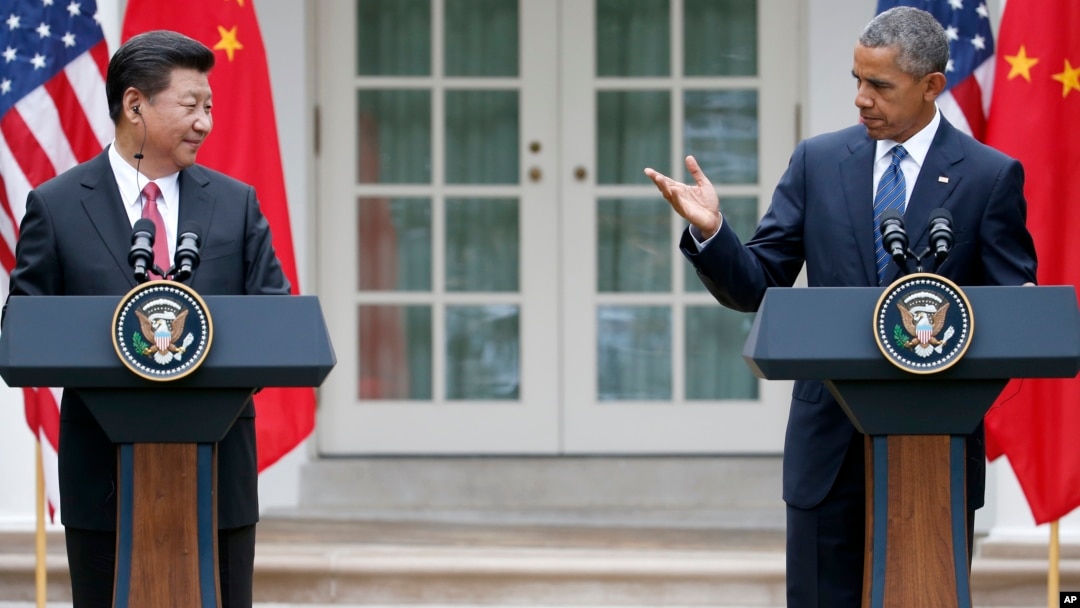 Tổng thống Mỹ Barack Obama và Chủ tịch nước Trung Quốc Tập Cận Bình trong cuộc họp báo chung tại Vườn Hồng Tòa Bạch Ốc, ngày 25/9/2015.