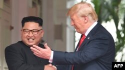 US President Donald Trump (R) shakes hands with North Korea's leader Kim Jong Un as they meet at the start of their historic US-North Korea summit, at the Capella Hotel on Sentosa island in Singapore