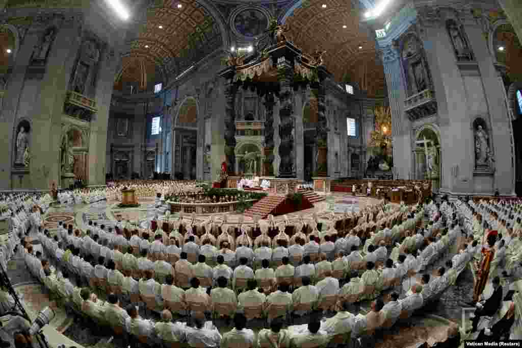 Pope Francis holds the Chrism Mass on Holy Thursday, during Easter Holy Week, at Saint Peter&#39;s Basilica at the Vatican.