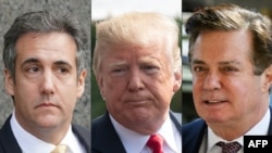 This combination of photos shows recent images of Michael Cohen, left, former personal lawyer for U.S. President Donald Trump; Trump, center; and former Trump campaign manager Paul Manafort. 