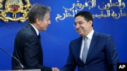 U.S. Secretary of State Antony Blinken and Morocco's Foreign Minister Nasser Bourita, speak following a news conference at the Foreign Ministry in Rabat, Morocco, Tuesday, March 29, 2022.
