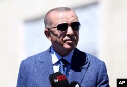 Turkish President Recep Tayyip Erdogan speaks about Turkey-Greece tensions, in Istanbul, Aug. 14, 2020.