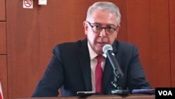 Ambassador Serdar Kilic speaks to reporters at the Turkish Embassy in Washington, D.C., July 22, 2016. (S. Herman/VOA)