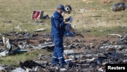 Seorang petugas melakukan penyelidikan di lokasi jatuhnya pesawat Malaysia Airlines MH17 di Desa Hrabove, daerah Donetsk, Ukraina timur (foto: dok). 