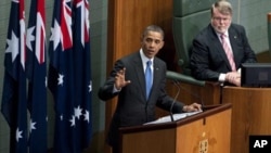 U.S. President Barack Obama addresses the Australian Parliament in Canberra, Australia, Thursday, Nov. 17, 2011.