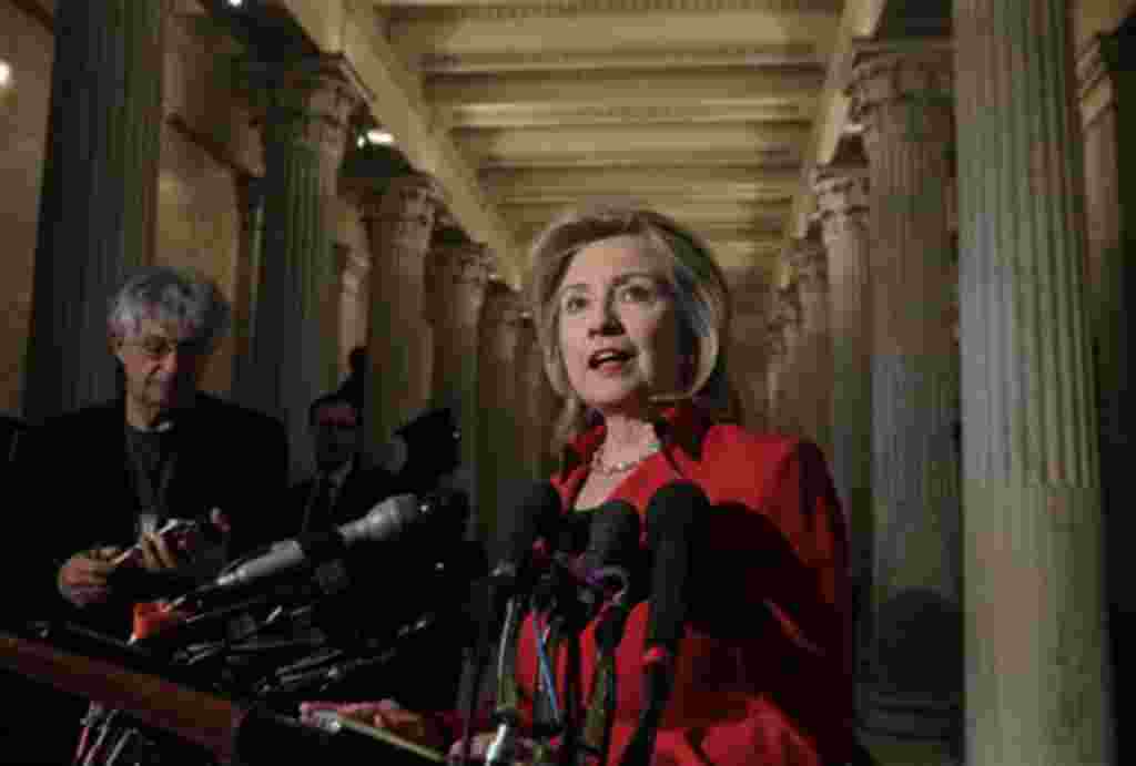 Secretary of State Hillary Clinton speaks with reporters about Egypt and protests in Iran following her meeting with Speaker of the House John Boehner, on Capitol Hill in Washington, Monday, Feb. 14, 2011. (AP Photo/J. Scott Applewhite)
