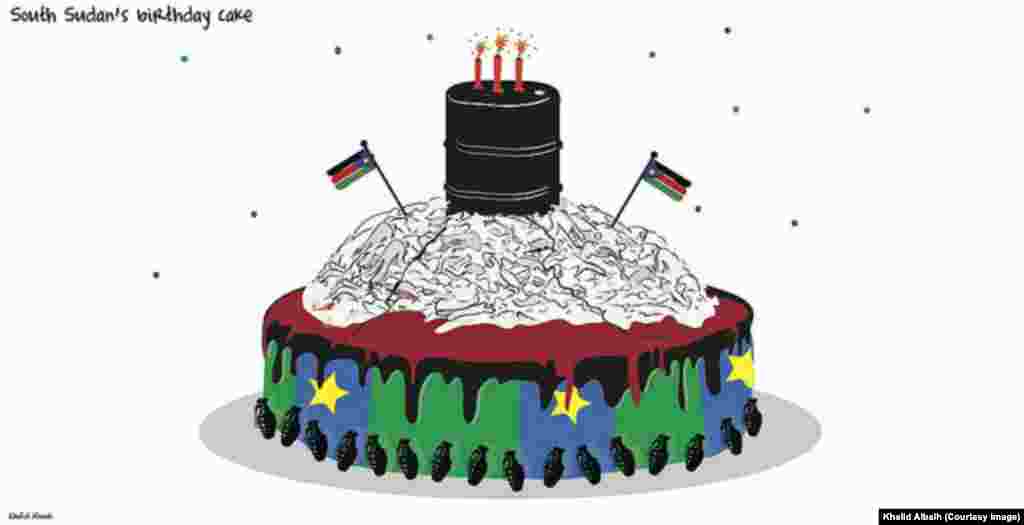 A cartoon birthday cake by Sudanese cartoonist Khalid Albaih marks the third anniversary of South Sudan&#39;s independence on July 9, 2014.