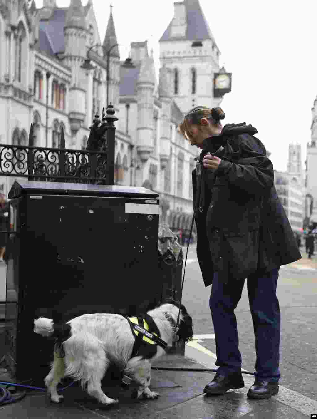 Seorang polisi Inggris dan anjing pelacak memeriksa keamanan menjelang pemakaman mantan PM Ingrris Margaret Thatcher di London, 17 April 2013.