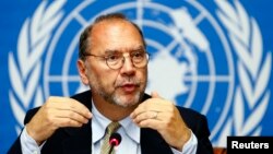 FILE - Ebola virus discoverer Peter Piot addresses a news conference at the United Nations after an informal consultation at the World Health Organization (WHO) in Geneva, Oct. 7, 2014. 