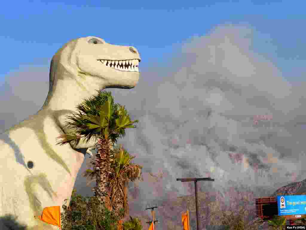 20米高的暴龍塑像從高速公路另一邊遙望山火（美國之音國符拍攝）