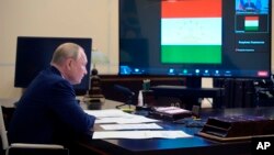 Rossiya Prezidenti Vladimir Putin Kollektiv xavfsizlik shartnomasi tashkilotining virtual anjumanida qatnashmoqda, Moskva, Rossiya, 2021-yil, 16-sentabr.
