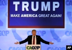 FILE - Republican presidential candidate Donald Trump speaks at the California Republican Party 2016 Convention in Burlingame, California, April 29, 2016.