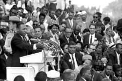 FILE - In this Aug. 28, 1963 file photo, the Rev. Dr. Martin Luther King Jr., head of the Southern Christian Leadership Conference, speaks to thousands during his "I Have a Dream" speech in front of the Lincoln Memorial