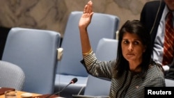 美國常駐聯合國代表妮基黑利大使週三在聯合國安全理事會的會議中關於遣責敘利亞化武襲擊舉手表決。