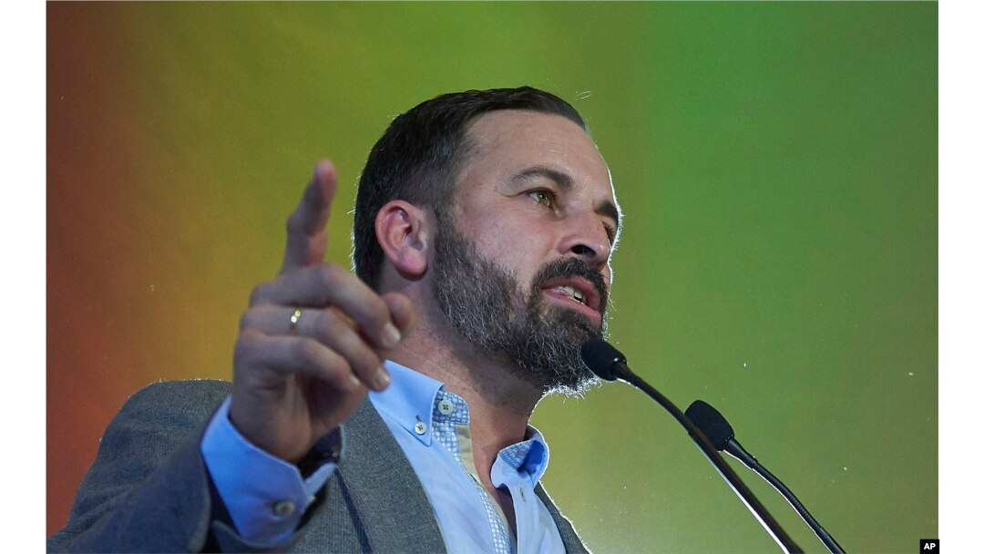 FILE - Spain's far-right Vox Party President Santiago Abascal takes part in a rally during regional elections in Andalusia, in Seville, Spain, Dec. 2, 2018.