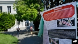 FILE - A leaflet is seen stapled to a message board near Sproul Hall on the University of California, Berkeley in Berkeley, Calif. Students who invited Ann Coulter to speak on campus filed a lawsuit, April 24, 2017, against the university.