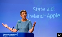 European Union Competition Commissioner Margrethe Vestager speaks during a media conference at EU headquarters in Brussels on Aug. 30, 2016.