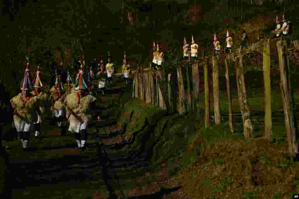 A group of Joaldunaks called Zanpantzar, take part in the Carnival between the Pyrenees villages of Ituren and Zubieta, northern Spain.