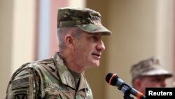 U.S. Army General John Nicholson speaks at a ceremony in which he takes command of NATO and U.S. forces, in Kabul, Afghanistan, March 2, 2016.