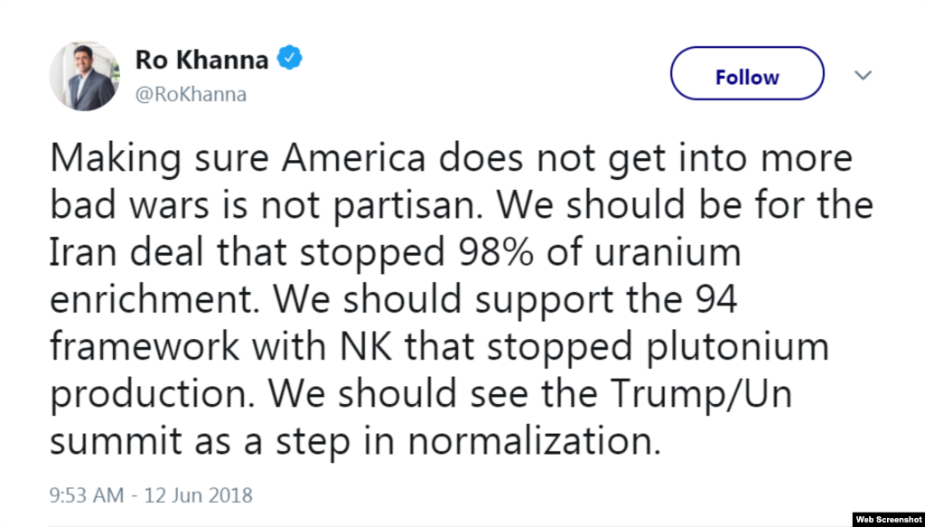 Democratic Congressman Ro Khanna of California struck a bipartisan tone, saying the summit was a step froward, but also calling for support for the Iran nuclear deal that President Trump discarded.
