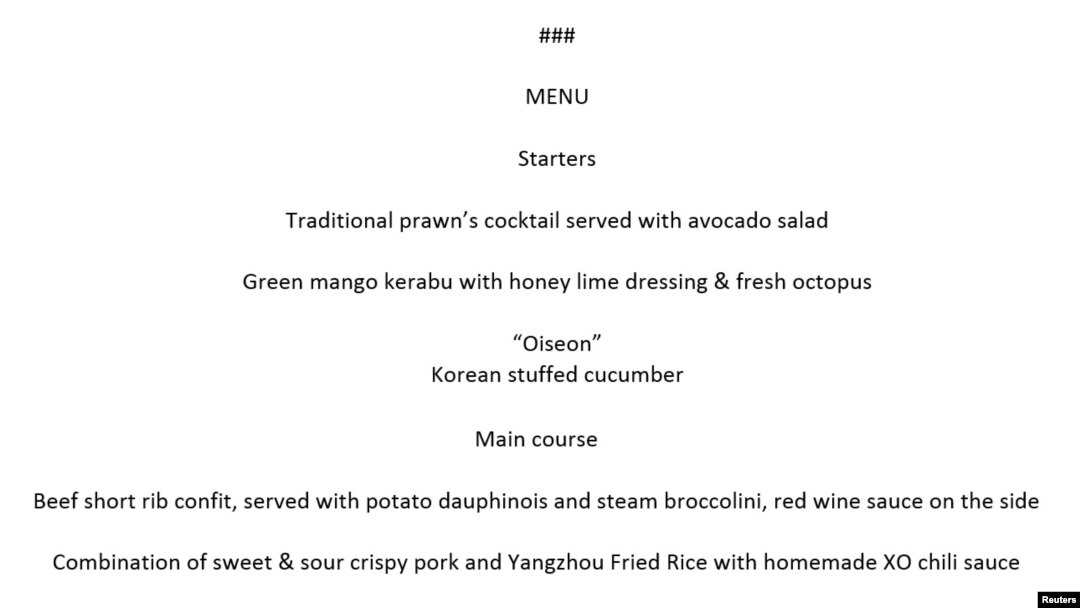 Menu jamuan makan siang Presiden AS Donald Trump dan pemimpin Korea Utara Kim Jong Un, dalam pertemuan di Singapura, Selasa, 12 Juni 2018. (Gedung Putih via Reuters)