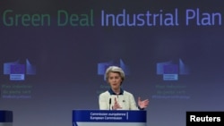 FILE: European Commission President Ursula von der Leyen presents the EU's "Green Deal Industrial Plan" to ensure the bloc plays a leading role in clean tech production, partly in EU's response to the U.S. Inflation Reduction Act, which will provide $369 billion in subsidies.