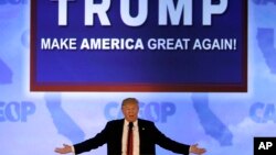 Republican presidential candidate Donald Trump speaks at the California Republican Party 2016 Convention in Burlingame, Calif., April 29, 2016. 