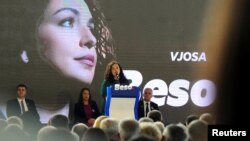 Vjosa Osmani, leader of the Democratic League of Kosovo (LDK), speaks at a campaign rally in Suhareka, Kosovo, Sept. 27, 2019. 