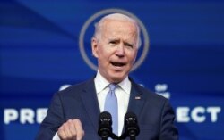 U.S. President-elect Joe Biden speaks about the protests taking place in and around the U.S. Capitol in Washington as the U.S. Congress held a joint session to certify the 2020 election results, at a news conference at his transition headquarters.
