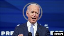 U.S. President-elect Joe Biden speaks about the protests taking place in and around the U.S. Capitol in Washington as the U.S. Congress held a joint session to certify the 2020 election results, at a news conference at his transition headquarters.