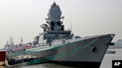 FILE- INS Chennai, a Kolkata class destroyer, is moored at a jetty in Mumbai, India, Friday, Nov. 18, 2016. 