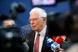 European Union foreign policy chief Josep Borrell talks to reporters at the European parliament, Jan.14, 2020 in Strasbourg, eastern France.