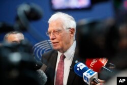 European Union foreign policy chief Josep Borrell talks to reporters at the European parliament, Jan.14, 2020 in Strasbourg, eastern France.