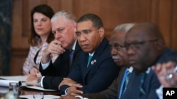 Leaders and Representatives of Caribbean countries attend a meeting with Britain's Prime Minister Theresa May, Apr. 17, 2018