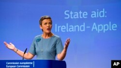 European Union Competition Commissioner Margrethe Vestager speaks during a media conference at EU headquarters in Brussels on Aug. 30, 2016. 