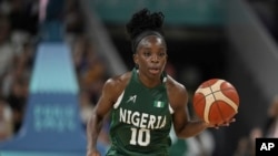 Promise Amukamara (10), of Nigeria, plays against Canada in a women's basketball game at the 2024 Summer Olympics, Aug. 4, 2024, in Villeneuve-d'Ascq, France. 