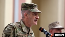 U.S. Army General John Nicholson speaks at a ceremony in which he takes command of NATO and U.S. forces, in Kabul, Afghanistan, March 2, 2016.