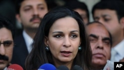 Pakistan's former Information Minister Sherry Rehman talks to reporters in Islamabad, Pakistan, November 23, 2011.