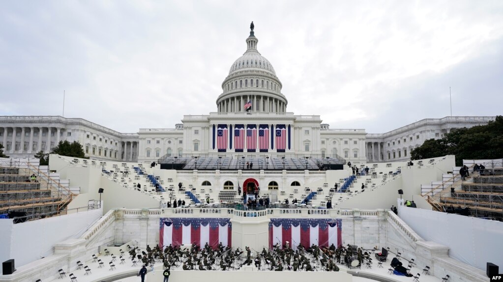 Preparations are made prior to a dress rehearsal for the 59th inaugural ceremony for President-elect Joe Biden and Vice President-elect Kamala Harris at the US Capitol on January 18, 2021 in Washington, DC. - The Inauguration is scheduled for January 20, 