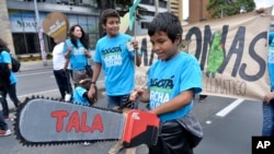 FILE - A boy wields a toy chainsaw to call attention to the role of deforestation in climate change, during the People's Climate March in Bogota, Sept. 20, 2014.