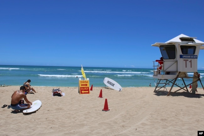 A surfer waxes his board on the sand at a beach known as White Plains in Ewa Beach, Hawaii, on May 12, 2023. (AP Photo/Jennifer Sinco Kelleher)