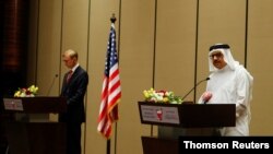 Bahrain Foreign Minister Dr. Abdullatif bin Rashid Al Zayani, speaks during a joint press conference with U.S. Special Representative for Iran Brian Hook, in Manama