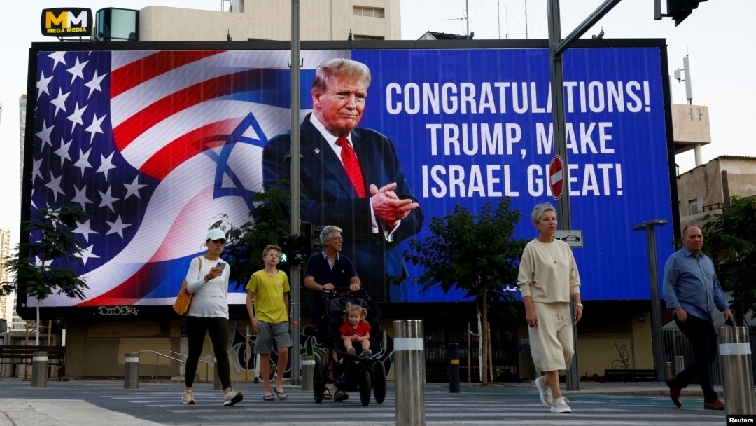 Ucapan Selamat atas kemenangan dalam Pemilu Amerika 2024 kepada calon presiden dari Partai Republik dan mantan Presiden Amerika Donald Trump di Tel Aviv, Israel, 6 November 2024. (Thomas Peter/REUTERS)