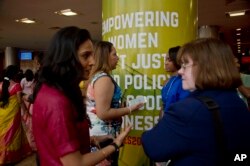 Delegates interact at the venue of the Global Entrepreneurship Summit in Hyderabad, India, Nov. 28, 2017.