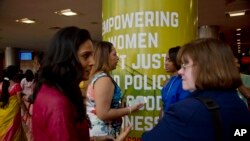 Delegates interact at the venue of the Global Entrepreneurship Summit in Hyderabad, India, Nov. 28, 2017.