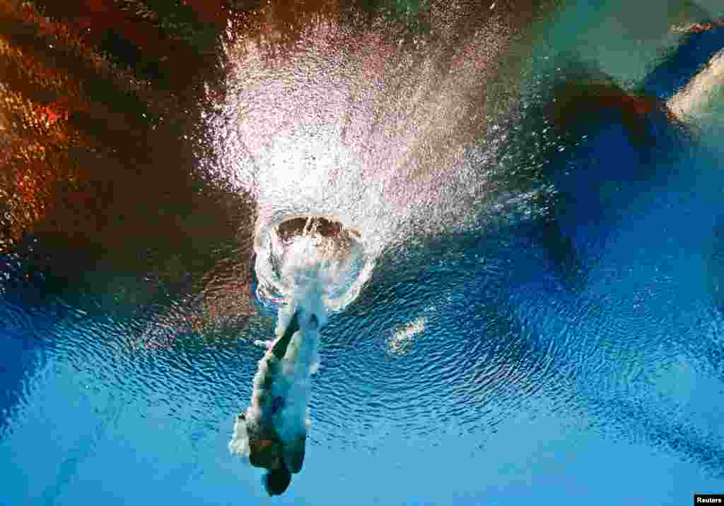 Tania Cagnotto of Italy is seen underwater during the Women&#39;s 3m springboard semi-final at the Aquatics World Championships in Kazan, Russia.