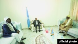 FILE - Somalia's Prime Minister Hassan Ali Kheyre meets with ASWJ leaders in Dhusamareeb, Sept. 3, 2019, in a photo released by the Prime Minister's Office.