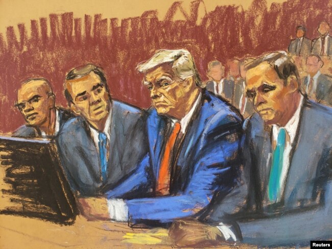 FILE - Former U.S. President Trump appears on classified document charges after a federal indictment at United States Courthouse in Miami, Florida, U.S., June 13, 2023 in a courtroom sketch. (REUTERS/Jane Rosenberg)